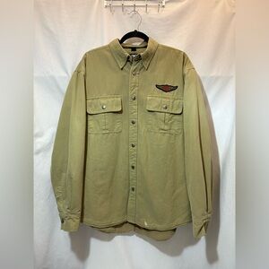 Vintage Harley Davidson Y2K Men's Biker Khaki Button-Up Utility Shirt Jacket